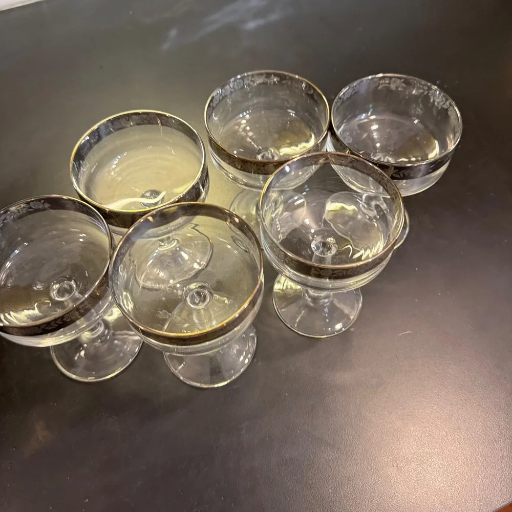 Vintage Champagne Coupe Set 6 Silver Floral Etched Rim Mid Century Clear Glass